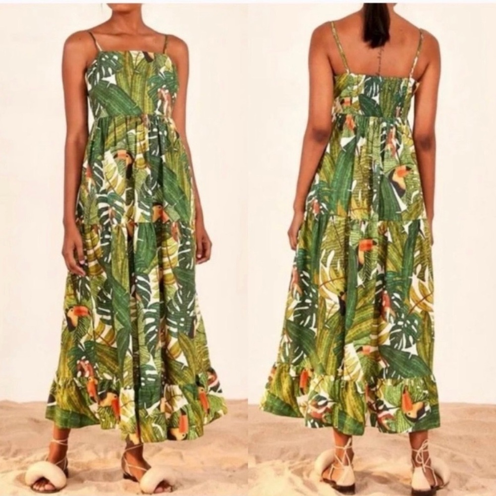 Farm Rio Toucan Garden Tropical Green Maxi Dress